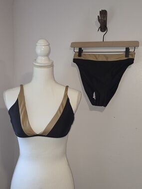 NWT PQ Swim Black and Gold Two-Piece Bikini Set Top SZ Small/ Bottom SZ Medium